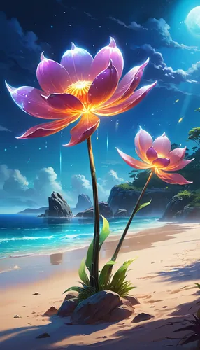 beach moonflower,plumeria,tropical bloom,moonlight cactus,summer background,beach landscape,beach scenery,flowerful desert,mushroom landscape,delight island,flower background,landscape background,mushroom island,flower in sunset,dream beach,tropical floral background,night-blooming cactus,dusk background,tropical beach,fantasy landscape,Illustration,Realistic Fantasy,Realistic Fantasy 01