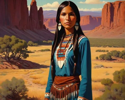 A young skinny woman with long straight dark hair, tanned skin and dark brown eyes. She is very naive, tender and sweet. She is dressed with a native american clothes. The background is a western amer