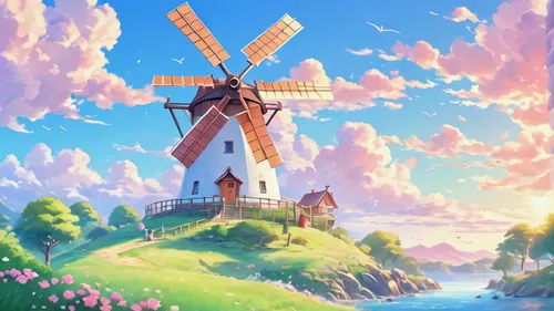 windmill,the windmills,windmills,dutch windmill,wind mill,old windmill,historic windmill,wind mills,windmill gard,studio ghibli,dutch mill,fairy chimney,idyllic,mill,landscape background,dream world,french digital background,the netherlands,background images,springtime background,Illustration,Japanese style,Japanese Style 01