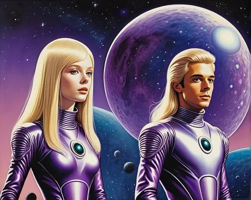 A Pleiadian alien couple (((young man and young woman, alien space suit without helmet, both pale skin, both long straight blonde hair, both have deep purple eyes color, both are beautiful))). They ar