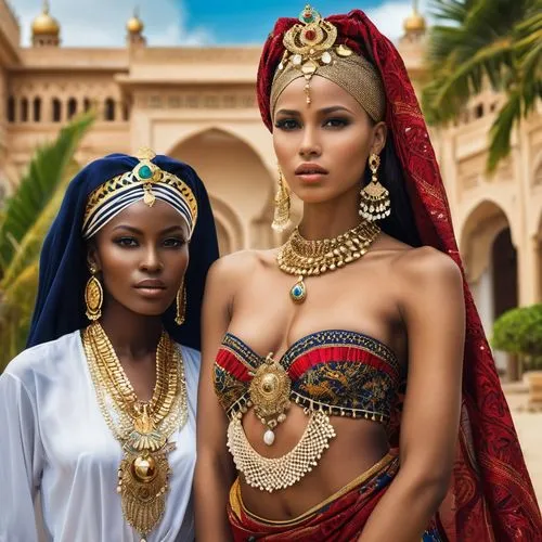 A captivating image of a stunning African woman, Bella, standing elegantly with exoticism. She is one of three gorgeous female women from different nations serving a wealthy Arabian Sheik. Bella is ad