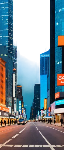 Urban city street, evening scene, skyscrapers, bustling crowd, neon lights, billboards, pavement road, parked cars, street lamps, pedestrian crossing, 3/4 composition, shallow depth of field, vibrant 