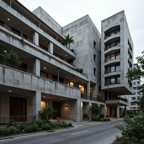 Exposed concrete walls, rough-hewn stone facades, weathered steel beams, distressed wooden accents, industrial metal railings, brutalist fortress-like structures, dramatic cantilevered roofs, imposing