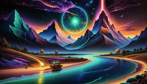 the painting shows a colorful scene with mountains and water,fantasy landscape,futuristic landscape,fantasy picture,alien world,alien planet,fantasy art,Illustration,Realistic Fantasy,Realistic Fantas