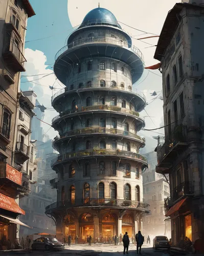 watertower,ancient city,tower of babel,panopticon,water tower,hanoi,sci fiction illustration,ancient buildings,world digital painting,pagoda,round house,saigon,apartment block,futuristic landscape,shanghai,beautiful buildings,asian architecture,city corner,skyscraper town,pantheon,Illustration,Paper based,Paper Based 07