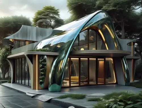 the modern home has curved, metal siding,futuristic architecture,frame house,cubic house,autodesk,smart house,modern house