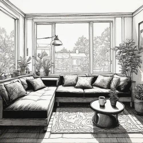 A black and white sketch depicting a cozy interior scene focused on a living room setting. It features a daybed with scattered cushions, flanked by a large window on the right and a potted plant on th