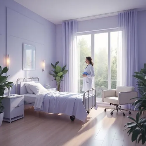 Lavender blue themed hospital room, soft calming ambiance, gentle lighting, soothing color palette, relaxing atmosphere, modern minimalist furniture, sleek metal frame bed, comfortable cushioned chair