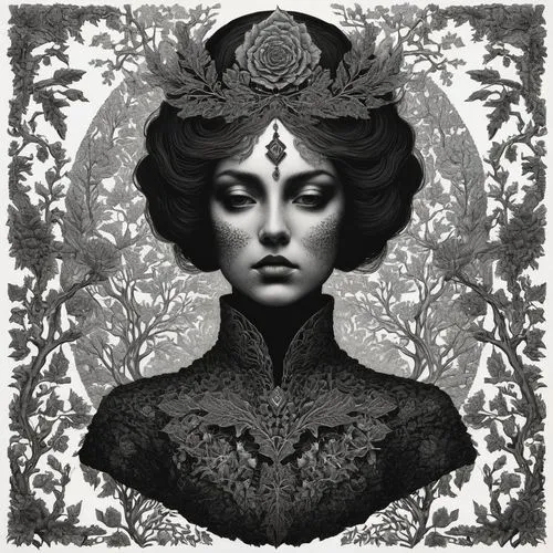 vespertine,fornasetti,dryad,persephone,leota,victoriana,symbolist,aristolochic,baroness,gothic portrait,hecate,melusine,biophilia,rosson,immortelle,victorian lady,temperance,vodun,rankin,damask,Illustration,Black and White,Black and White 09