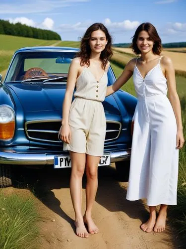 Two barefoot girlfriends pose next to a Mercedes car parked on a country lane.,two beautiful young women standing by an old car,gtv,volga car,mgc,fulvia,gtos,auto union