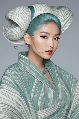 a woman with a green and white head covering,maiko,kunqu,hanfu,geisha girl,geiko,asian conical hat,Photography,Fashion Photography,Fashion Photography 26