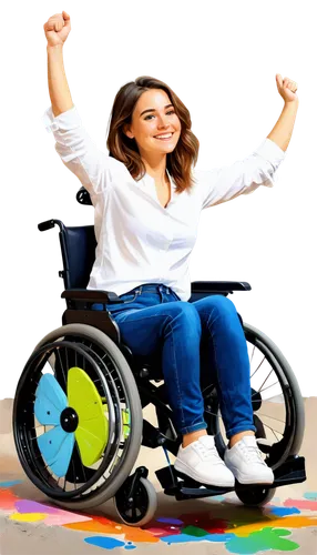 wheelchair, disabled person, smiling face, gentle eyes, messy brown hair, casual wear, jeans, white shirt, sporty shoes, dynamic pose, leaning forward, strong arms, joyful expression, soft focus, warm