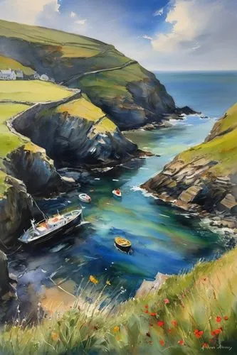 solva,coastal landscape,coville,boscastle,pendeen,perranporth,Illustration,Paper based,Paper Based 11