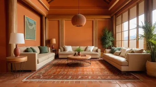 Modern Mexican Interior Design, Living Room, vibrant Mexican textiles, rustic terracotta tiles, lush indoor agave
,there is a living room with an oriental style decor,sitting room,living room,minotti,