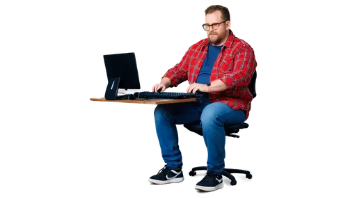 Fat man, sitting, computer desk, messy hair, thick beard, glasses, red face, sweaty, plaid shirt, blue jeans, black sneakers, keyboard typing, mouse clicking, ergonomic chair, cluttered background, wa