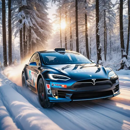 Imagine a cyber retro-futuristic of the 90s, rally version of Tesla, Colin McRae, winter landscape, full of snow, fine details, 16k,world rally car,mégane rs,ice racing,winter tires,world rally champi