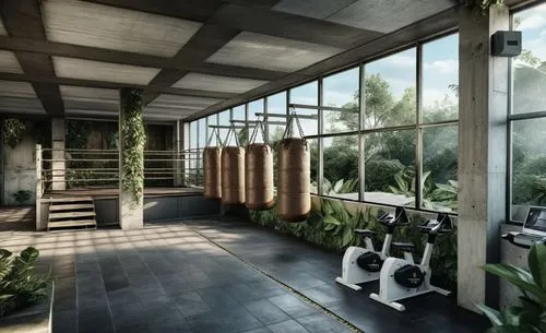 sunroom,luxury bathroom,fitness center,leisure facility,3d rendering,interior modern design,Photography,General,Realistic