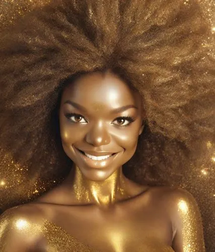 CHUBBY black WOMAN, Nude, skin and face made of gold, digital portrait of a nude woman all adorned in gold paint, with a glowing aura. Flowing hair. The background is a dark black, emphasizing the gol