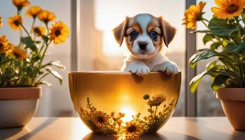 golden pot,gold chalice,cute puppy,golden candle plant,beagle,sunflowers in vase,Photography,Artistic Photography,Artistic Photography 03