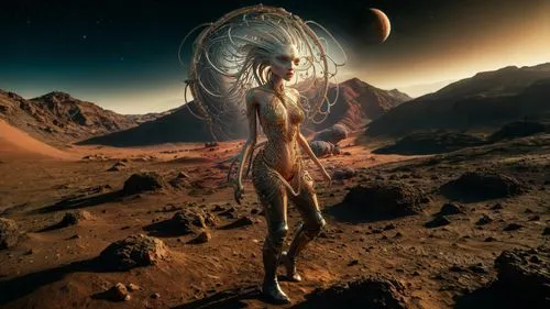 andromeda,alien planet,extraterrestrial life,ringed-worm,venus,alien world,heliosphere,barren,space art,alien warrior,extraterrestrial,nebula guardian,venus surface,martian,celestial bodies,astral traveler,sci fi,eve,digital compositing,celestial body