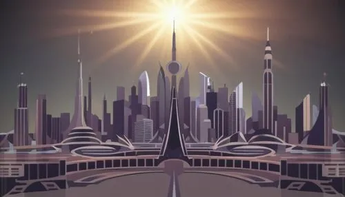 add a sun behind the middle of the city with it having sun rays going all throughout the image,megacorporation,metropolis,coruscant,megacorporations,futuristic landscape,arcology,fantasy city,cybercit