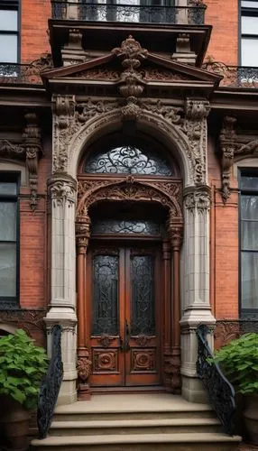 Brownstone building, Victorian architecture, ornate details, grand entrance, large windows, wooden doors, intricate carvings, rusty iron railings, climbing vines, overcast sky, afternoon sun, warm lig