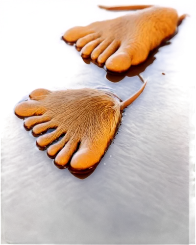 Rat's footprint, detailed toes, small size, brown color, wet texture, reflective surface, shallow water background, close-up shot, 3/4 composition, soft natural light, high contrast ratio, realistic f