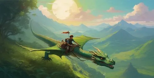 A young messenger riding a dragon over a lush, green landscape with mountains in the background and a bird flying overhead, bold and slim lines, brush strokes,a painting of a man riding on a dragon,fa