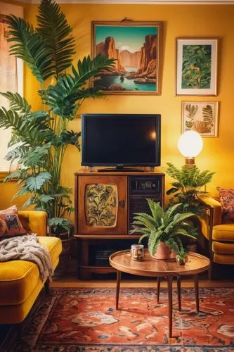 the living room of a photographer,livingroom,house pineapple,living room,tropical house,apartment lounge,tv set,sitting room,mid century,cabana,mid century modern,norfolk island pine,houseplants,mid century house,bonus room,house plants,home corner,retro television,couchsurfing,exotic plants,Art,Classical Oil Painting,Classical Oil Painting 02