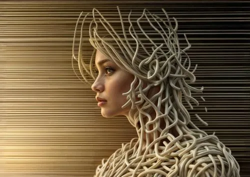 woman of straw,artificial hair integrations,woven,twine,sci fiction illustration,biomechanical,neural pathways,strands of wheat,sigourney weave,wicker,wireframe,woman sculpture,golden root,weaving,rap