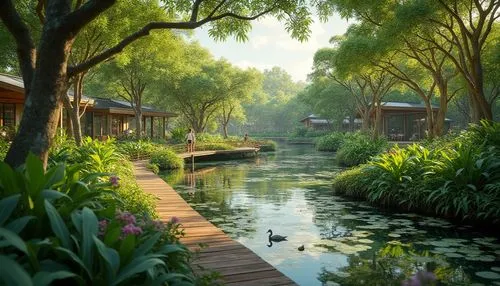 Eco-friendly wetland, naturalistic scene, serene atmosphere, lush greenery, diverse aquatic plants, winding waterways, meandering boardwalks, wooden bridges, educational signage, interactive exhibits,