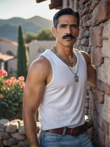 Mature Latino man, Gustavo's cousin, 35-40yo, rugged facial features, short black hair, thick eyebrows, strong jawline, mustache, casual wear, white tank top, faded blue jeans, brown leather belt, sil