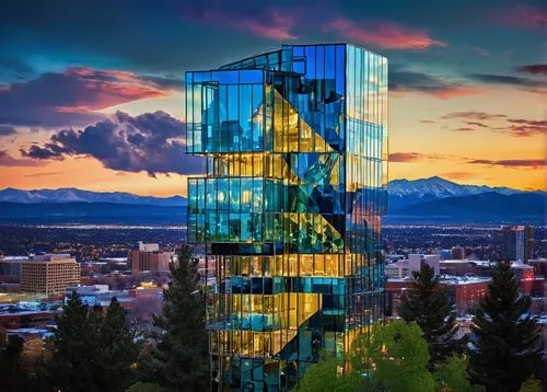 Modern architecture, Denver CO, urban cityscape, contemporary skyscraper, sleek glass facade, silver metal frame, rooftop garden, greenery walls, angular lines, geometric shapes, LED lights, nighttime