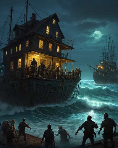 the storm of the invasion,shipwreck,ghost ship,pirate ship,the wreck of the ship,game illustration,sea storm,pirate treasure,fantasy picture,ship wreck,sci fiction illustration,the people in the sea,maelstrom,pirates,galleon ship,galleon,sunken ship,caravel,tour to the sirens,sea night,Illustration,Realistic Fantasy,Realistic Fantasy 28