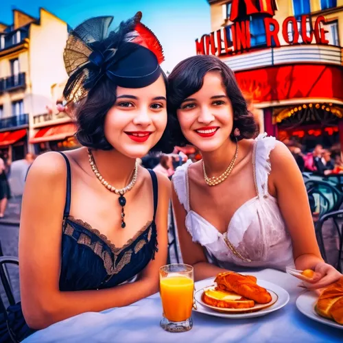 two young women sitting next to each other at a table with orange juice,vintage girls,retro women,french tourists,retro pin up girls,retro diner,parisiennes