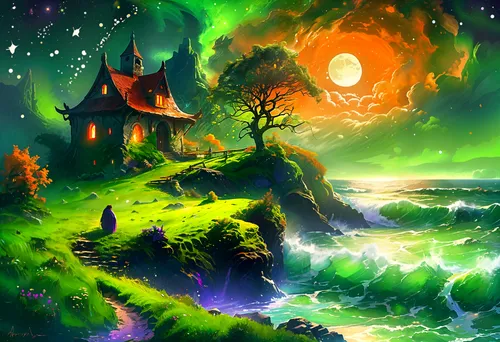 fantasy landscape,witch's house,fantasy picture,halloween background,fantasy art,green aurora