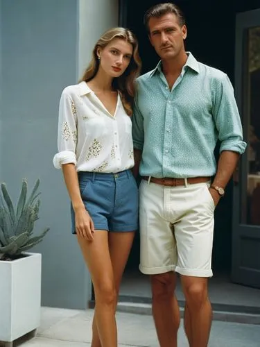 Create an elegant hand-holding couple in shorts that will show off your best work.,a man and woman pose for a portrait,banacek,model years 1960-63,vintage man and woman,vintage boy and girl,bermudas,s