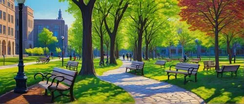 tree-lined avenue,tree lined avenue,central park,art painting,urban park,tree lined lane,park bench,green trees,walk in a park,birch alley,tree lined path,green landscape,city park,landscape background,greenspace,world digital painting,city scape,background vector,row of trees,spring morning,Illustration,Abstract Fantasy,Abstract Fantasy 21