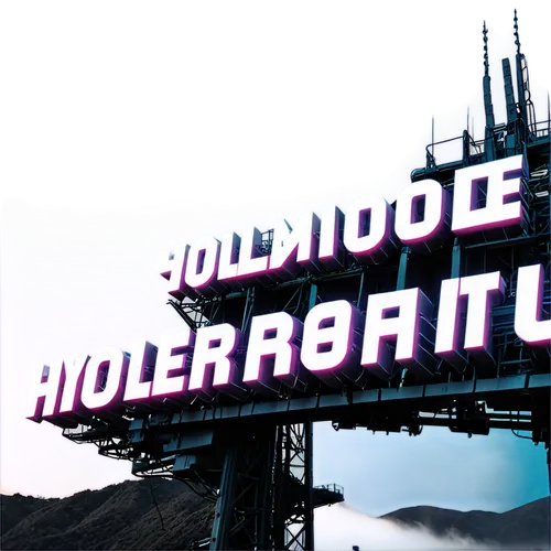 Hollywood sign, bright neon lights, bold font, white background, evening scene, panoramic view, dramatic lighting, misty atmosphere, 3D effect, metallic structure, curved lines, detailed textures, vib