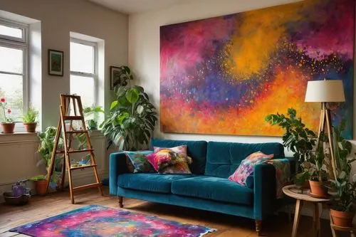 bohemian art,boho art,sitting room,interior decor,boho art style,livingroom,living room,contemporary decor,modern decor,the living room of a photographer,apartment lounge,abstract painting,interior design,interior decoration,tapestries,home interior,appartement,maximalism,sublet,tapestry,Illustration,Abstract Fantasy,Abstract Fantasy 15