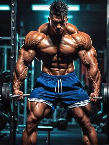 muscular man, anime style, intense gaze, spiky hair, sweat droplets, ripped shirt, weightlifting belt, massive biceps, triceps, pectoral muscles, six-pack abs, athletic shorts, sneakers, gym equipment