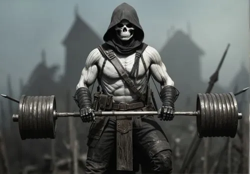 I want literally this image black and white with a skeleton head and 
gym discs on the ends of the bar,a man with a hooded up skeleton face holding a barbell,greyskull,skeletor,deadlift,corvo,danzig,c