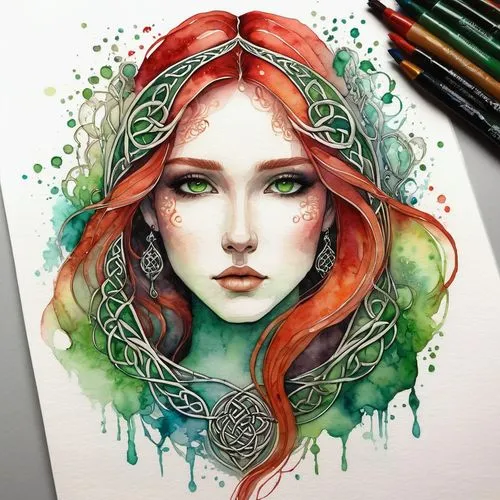 seelie,mera,chryste,boho art,fae,watercolor wreath,merida,diwata,fairie,boho art style,dryad,watercolor leaves,watercolor mermaid,flora,watercolor pencils,fantasy portrait,mermaid vectors,watercolor,medusa,titania,Illustration,Realistic Fantasy,Realistic Fantasy 27