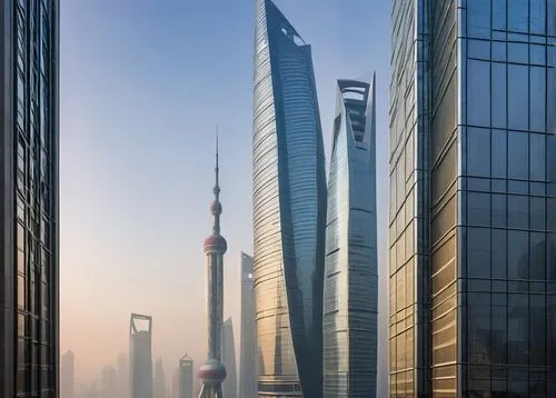 Shanghai, modern cityscape, sleek skyscraper, futuristic architecture, glass curtain walls, metallic frames, LED lights, bustling streets, crowded sidewalks, commercial district, office buildings, con