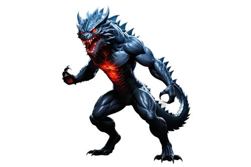 Monster, loud roar, sharp teeth, glowing red eyes, scaly skin, muscular body, sharp claws, standing on hind legs, threatening pose, dark background, dramatic lighting, cinematic composition, 3D render