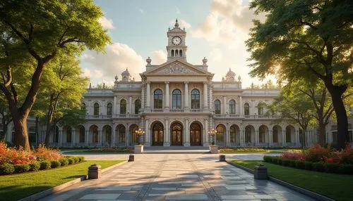 Grand, elegant public administration building, Baroque architecture style, intricate stone carvings, ornate clock tower, grand entrance with high ceilings, marble floors, majestic staircase, romantic 