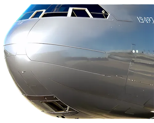 Commercial airliner, Boeing 747, detailed nose section, metallic material, silver color, aerodynamic shape, cockpit windows, navigation lights, morning sunlight, low-angle shot, dramatic composition, 