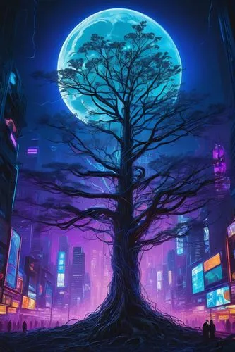 Futuristic tree, glowing neon leaves, metallic branches, towering height, cyberpunk cityscape, night sky, full moon, holographic advertisements, skyscrapers in background, foggy atmosphere, misty ambi