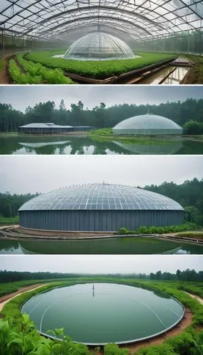 Aquatic themed industrial building, modern fish farm, large circular tanks, steel framework, glass roofs, natural light pouring in, rows of water pipes, advanced filtration systems, automatic feeders,