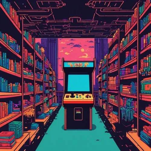 Japanese library,a painting with books, an old tv and computer,book wallpaper,book store,bookstore,book electronic,computer room,vhs,Unique,Pixel,Pixel 04